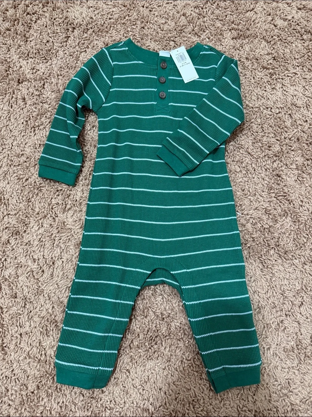 Old Navy Green and White Striped Knit One-Piece Footie